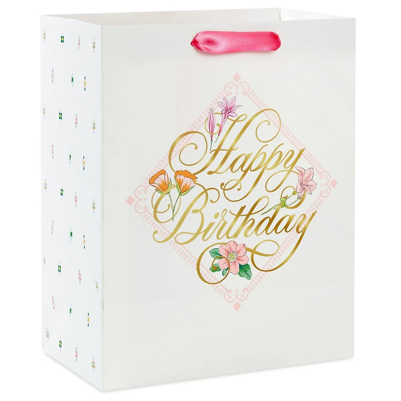 9.6" Gold Script on Floral Medium Birthday Gift Bag for only USD 3.99 | Hallmark