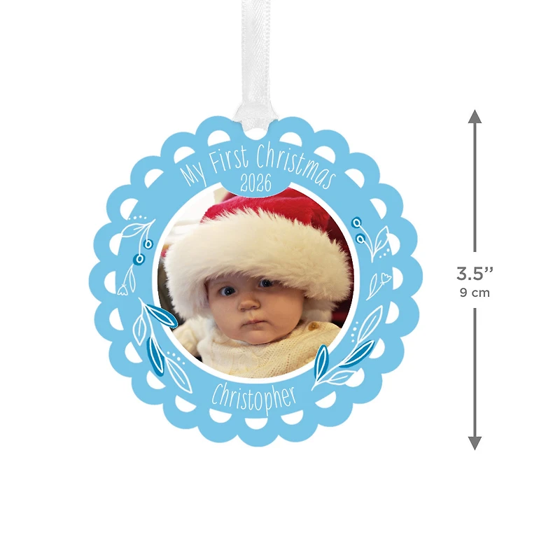 Baby's First Christmas Blue Scalloped Metal Personalized Ornament, Custom Photo and Text for only USD 17.99 | Hallmark