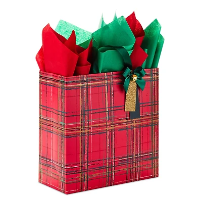 12.5" Red Plaid With Bell Extra-Large Christmas Gift Bag With Tissue Paper for only USD 11.99 | Hallmark