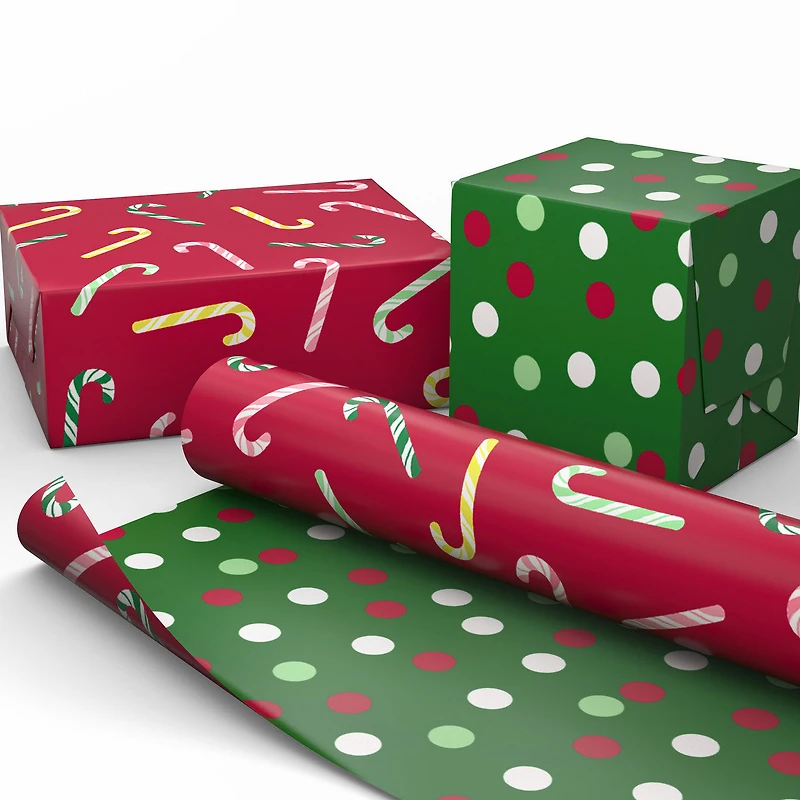 Candy Canes on Red/Dots on Green Christmas Reversible Wrapping Paper Roll, 30 sq. ft. for only USD 4.99 | Hallmark