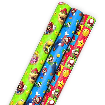 Nintendo Super Mario™ Bright Icons 3-Pack Assortment Wrapping Paper Roll Bundle, 60 sq. ft. total for only USD 16.99 | Hallmark
