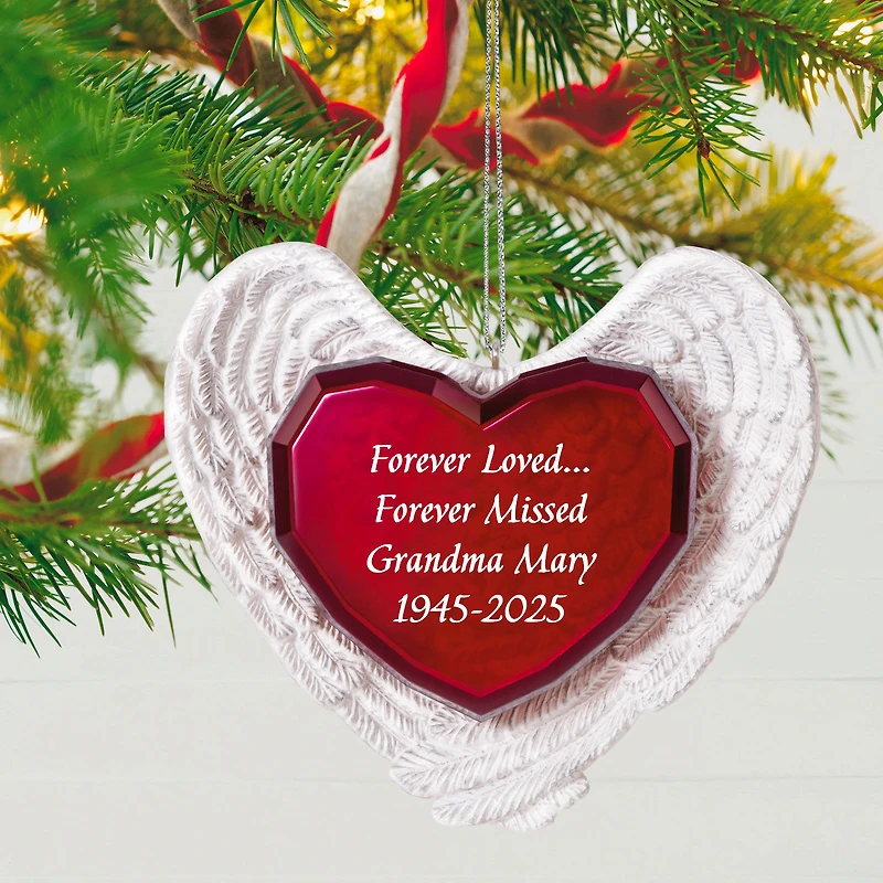 Forever Loved Memorial Heart and Angel Wings Personalized Ornament