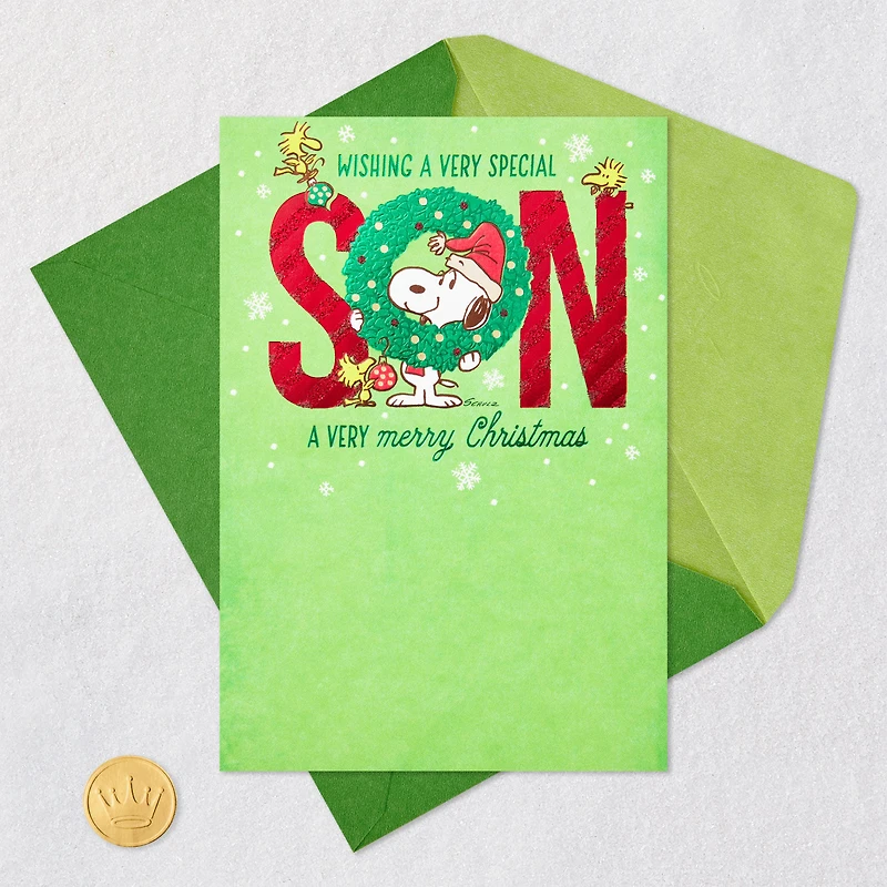 Peanuts® Snoopy and Woodstock in Wreath Christmas Card for Son for only USD 5.99 | Hallmark