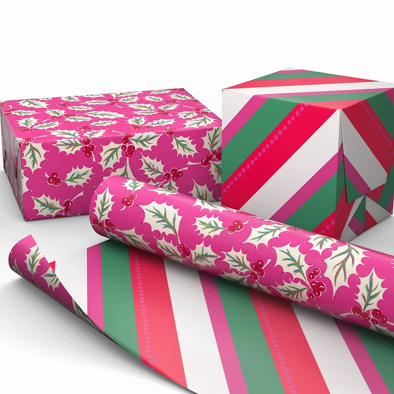 Holly on Rose/Diagonal Bright Stripes Christmas Reversible Wrapping Paper Roll, 30 sq. ft. for only USD 4.99 | Hallmark
