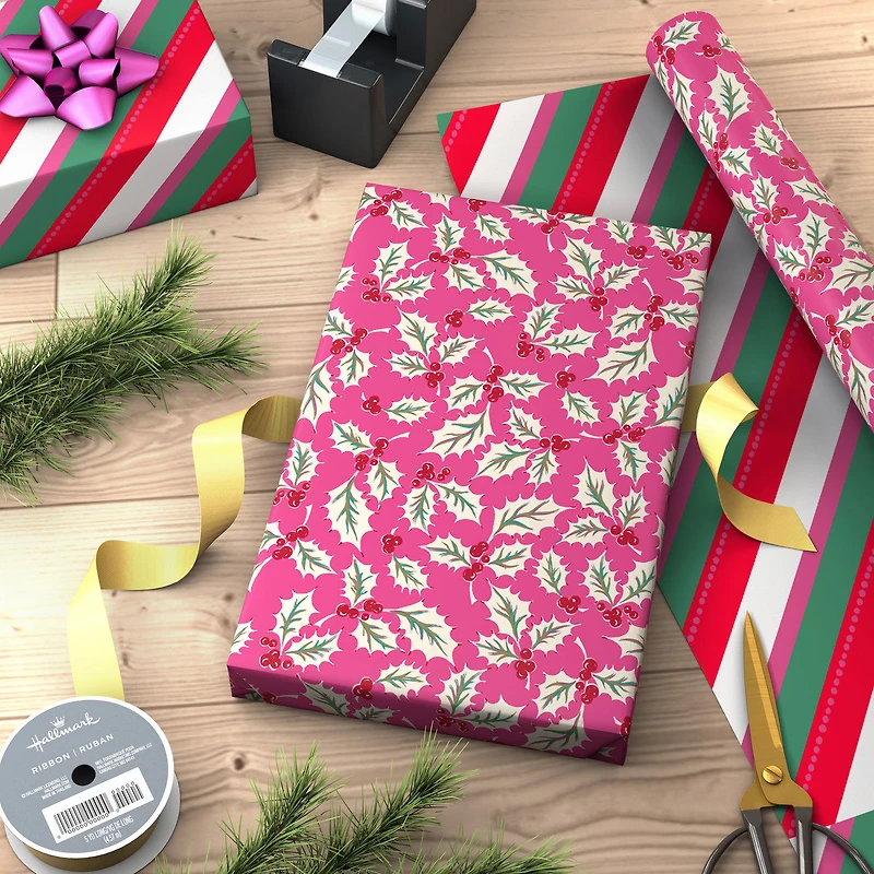 Holly on Rose/Diagonal Bright Stripes Christmas Reversible Wrapping Paper Roll, 30 sq. ft. for only USD 4.99 | Hallmark