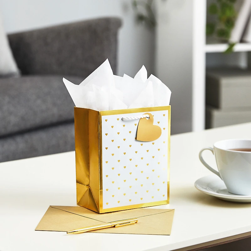 6.5" Mini Gold Hearts on White Metallic Small Gift Bag for only USD 3.49 | Hallmark