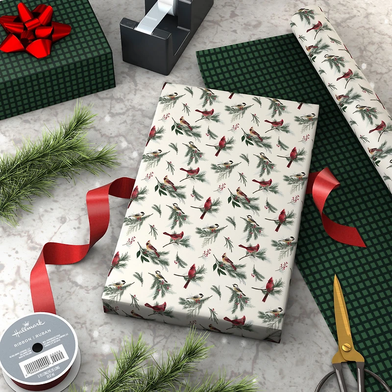 Cardinals/Green and Black Check Holiday Reversible Wrapping Paper Roll, 30 sq. ft. for only USD 4.99 | Hallmark