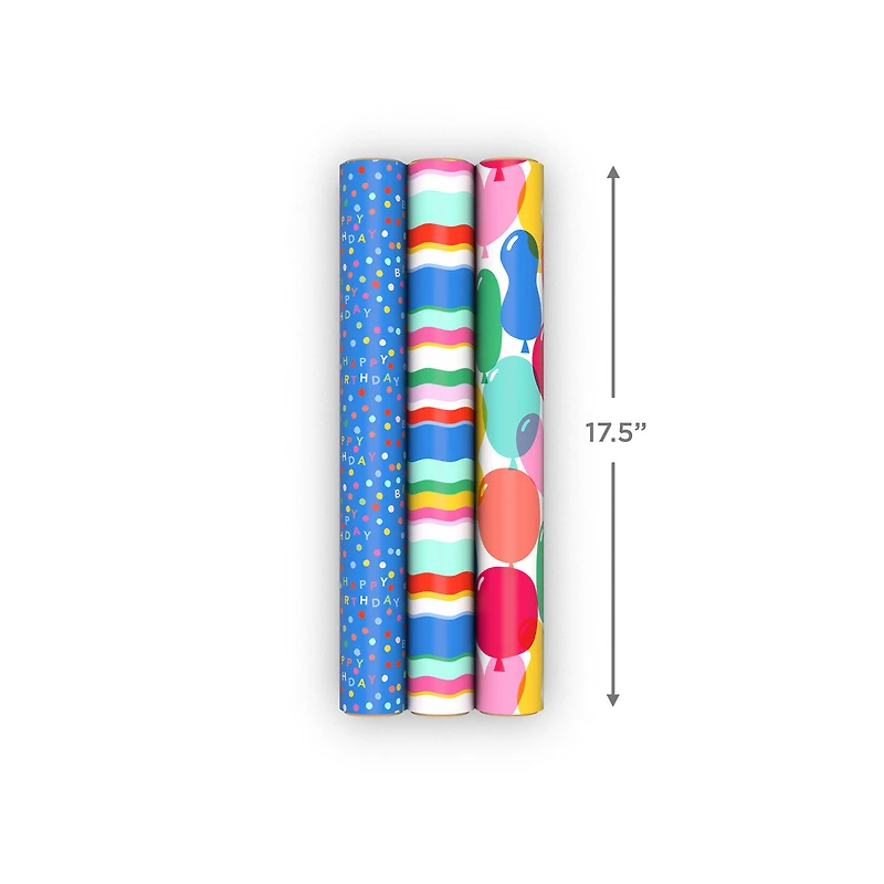 Stripes, Balloons and Dots 3-Pack Wrapping Paper Mini Roll Bundle, 60 sq. ft. total for only USD 9.99 | Hallmark