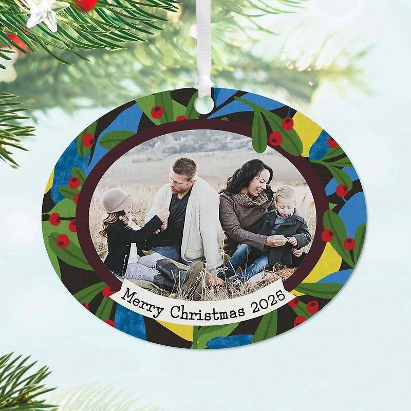 Holiday Holly Horizontal Oval Metal Personalized Ornament, Custom Photo and Text for only USD 17.99 | Hallmark