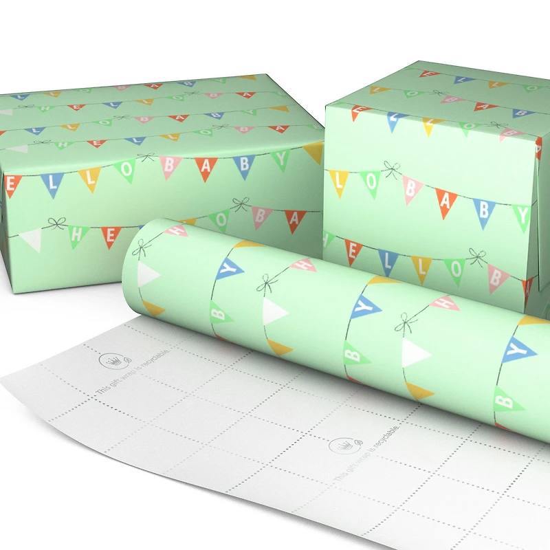 Hello Baby Pennants on Mint Green Wrapping Paper Roll, 20 sq. ft. for only USD 4.99 | Hallmark