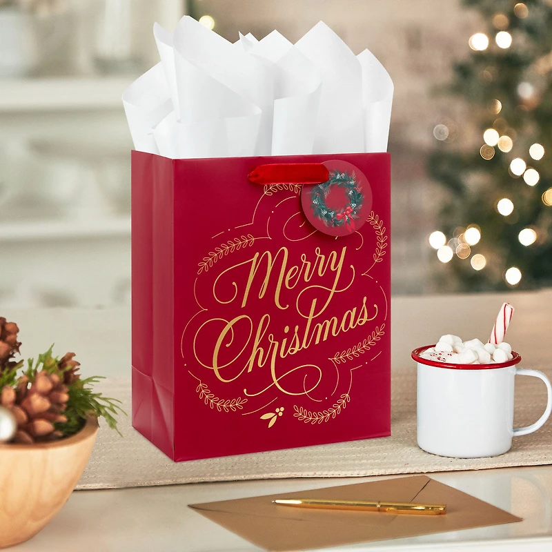 9.6" Gold Merry Christmas on Dark Red Medium Gift Bag for only USD 3.99 | Hallmark