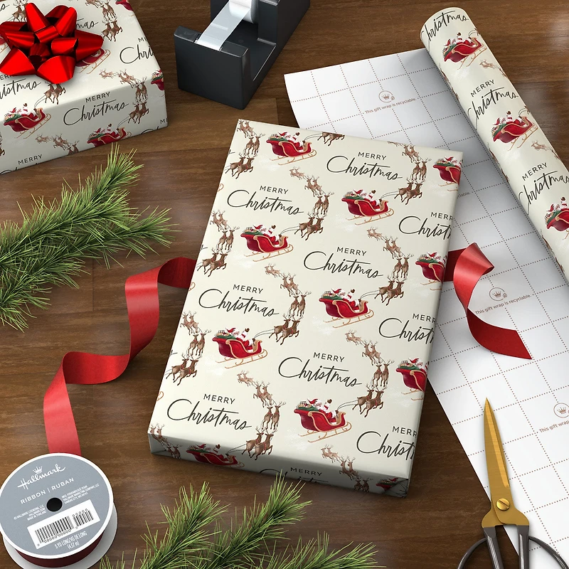 Reindeer and Sleigh on Ivory Jumbo Christmas Wrapping Paper Roll, 90 sq. ft. for only USD 9.99 | Hallmark