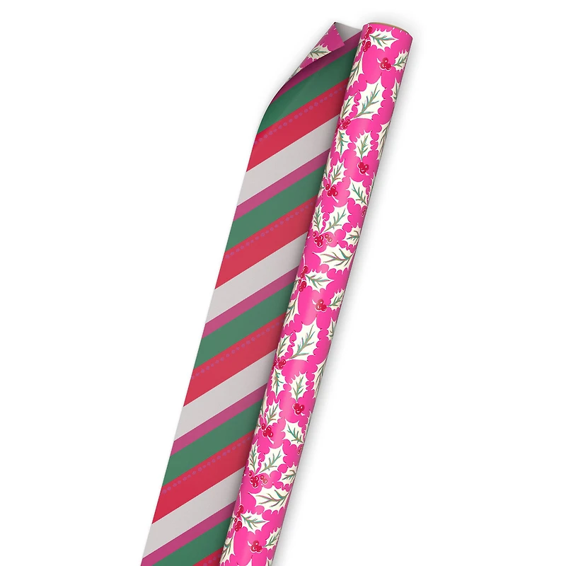 Holly on Rose/Diagonal Bright Stripes Christmas Reversible Wrapping Paper Roll, 30 sq. ft. for only USD 4.99 | Hallmark