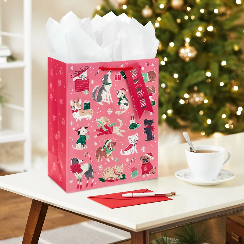 13" Retro Dogs and Cats on Pink Large Christmas Gift Bag for only USD 4.49 | Hallmark