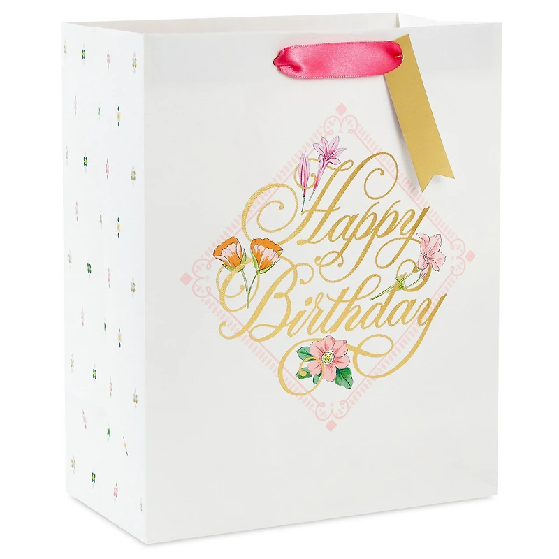9.6" Gold Script on Floral Medium Birthday Gift Bag for only USD 3.99 | Hallmark