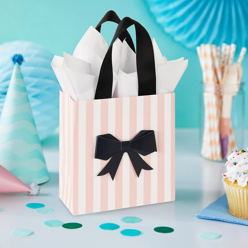 5.5" Black Bow on Pink Stripes Small Gift Bag With Tissue Paper for only USD 8.99 | Hallmark
