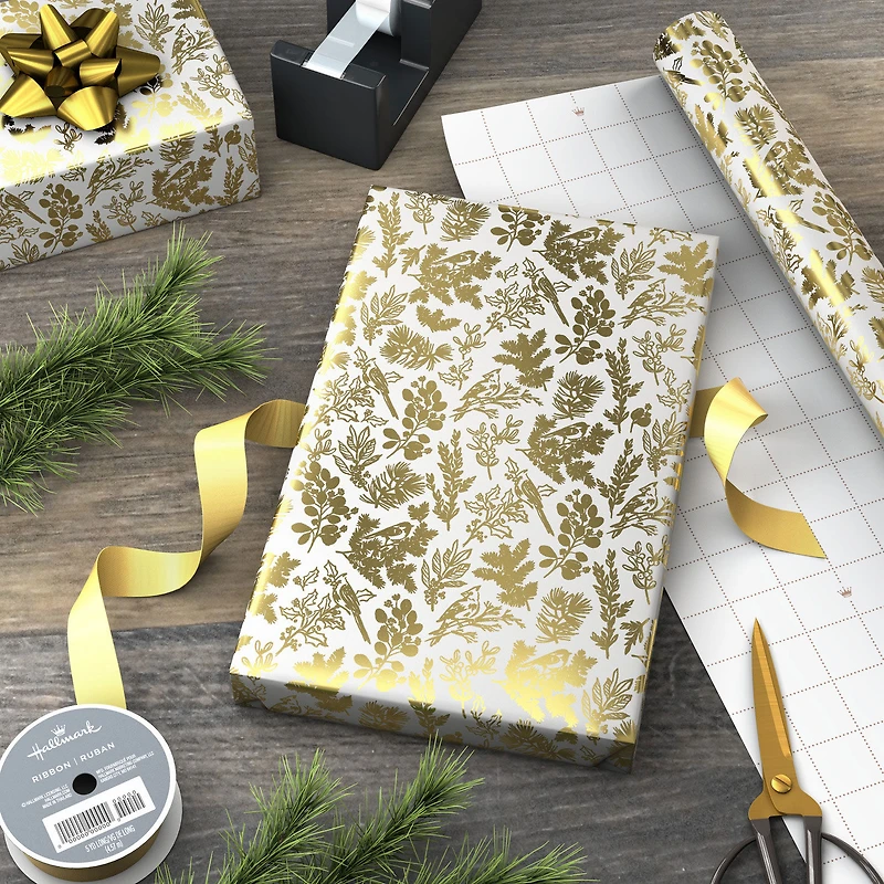 Gold Birds and Botanicals on White Foil Christmas Wrapping Paper Roll, 22.5 sq. ft. for only USD 4.99 | Hallmark