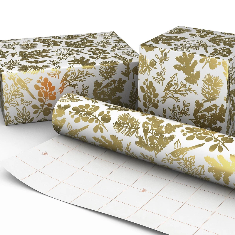 Gold Birds and Botanicals on White Foil Christmas Wrapping Paper Roll, 22.5 sq. ft. for only USD 4.99 | Hallmark