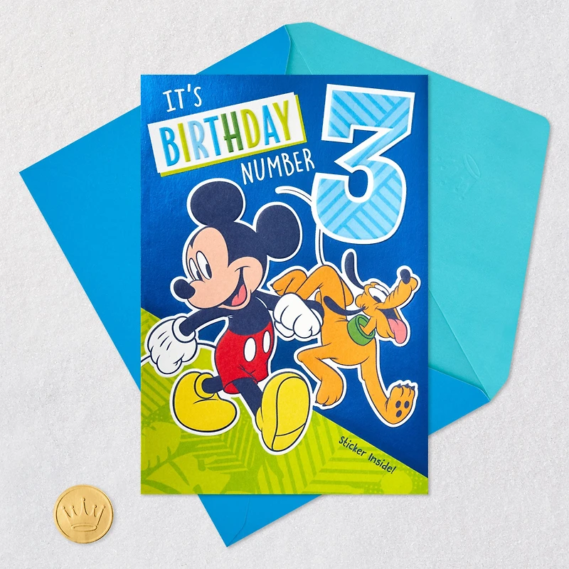 Disney Mickey Mouse and Pluto Third Birthday Card for Kid With Sticker for only USD 6.99 | Hallmark