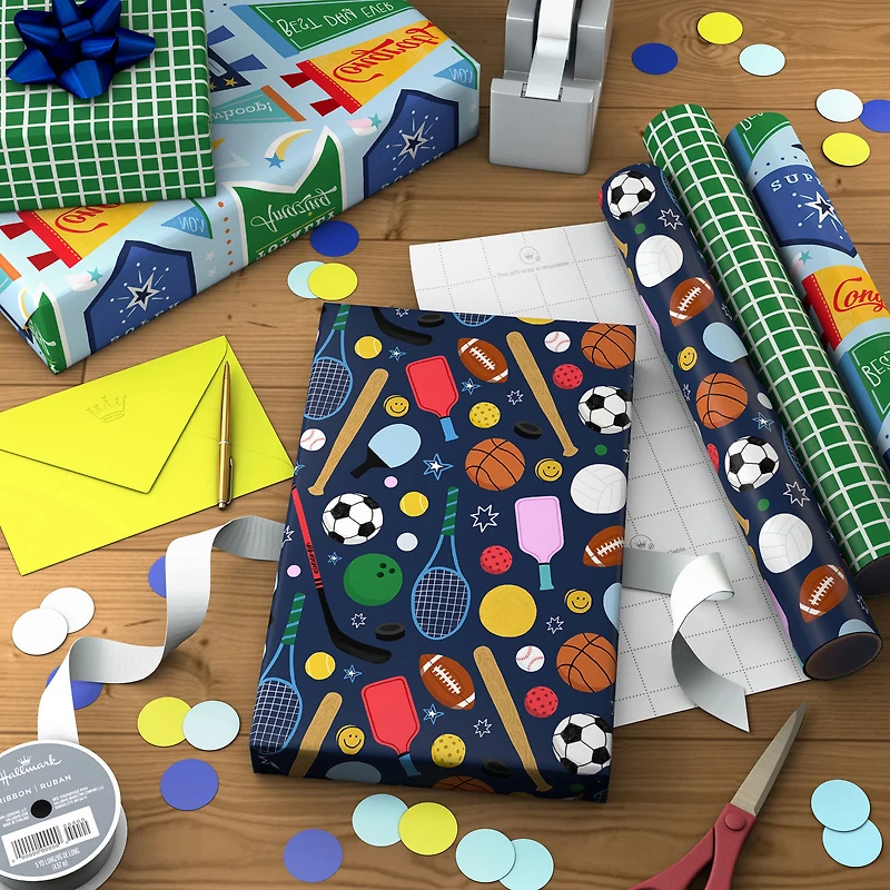 Sporty 3-Pack Wrapping Paper Mini Roll Bundle, 60 sq. ft. total for only USD 9.99 | Hallmark
