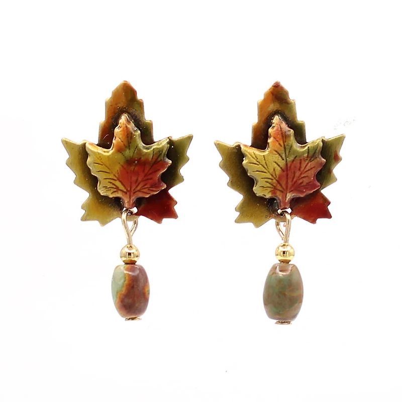 Silver Forest Layered Maple Leaves Post Earrings With Dangling Bead for only USD 21.00 | Hallmark