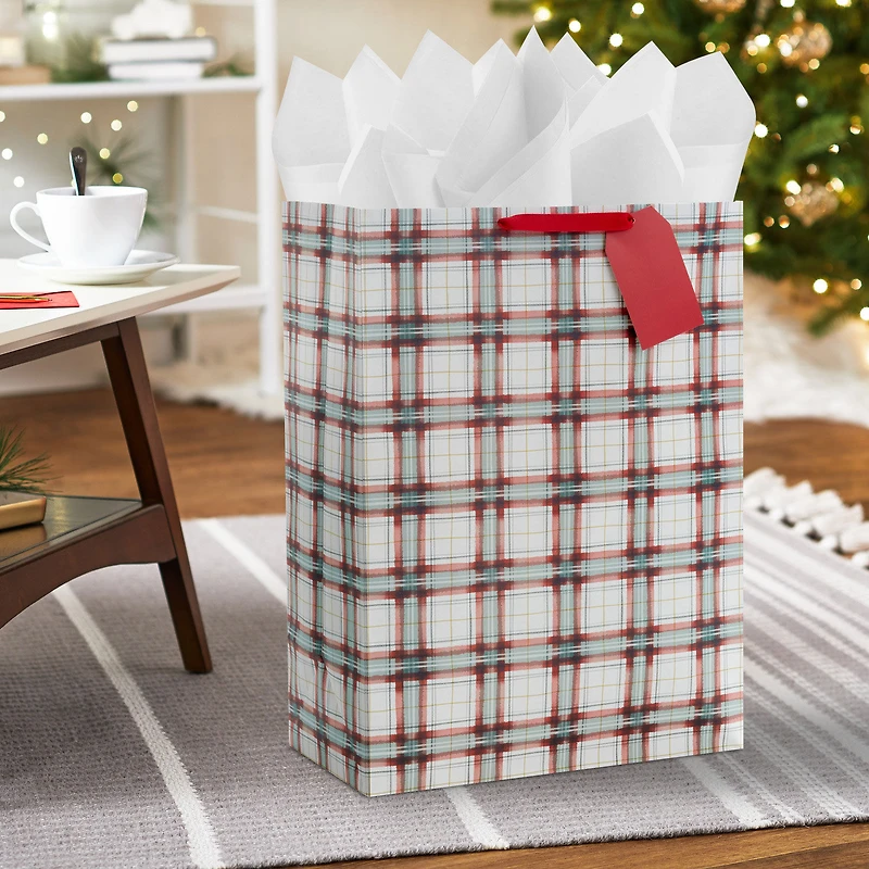 20" Farmhouse Plaid on White Jumbo Christmas Gift Bag for only USD 5.99 | Hallmark
