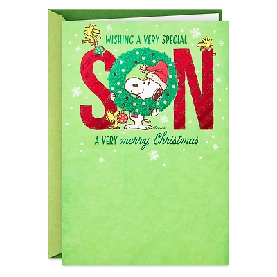 Peanuts® Snoopy and Woodstock in Wreath Christmas Card for Son for only USD 5.99 | Hallmark