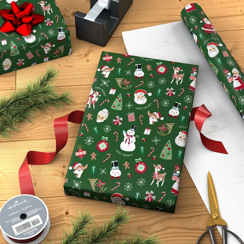 Retro Christmas Friends on Green Wrapping Paper Roll, 35 sq. ft. for only USD 4.99 | Hallmark
