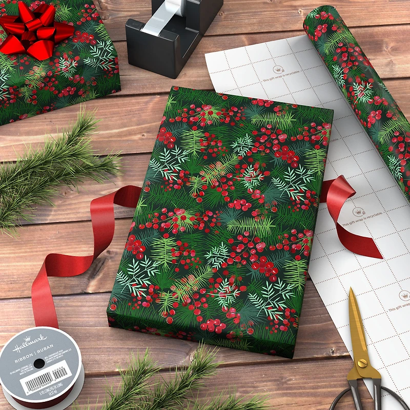 Pine Branches and Red Berries Jumbo Christmas Wrapping Paper Roll, 90 sq. ft. for only USD 9.99 | Hallmark