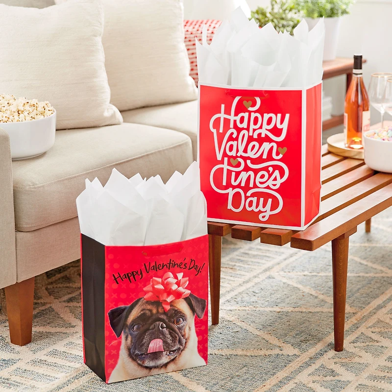13" Pug and Happy Valentine's Day 2-Pack Large Gift Bags With Tissue Paper for only USD 9.99 | Hallmark