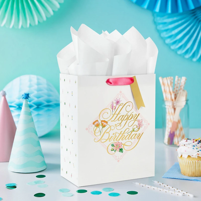9.6" Gold Script on Floral Medium Birthday Gift Bag for only USD 3.99 | Hallmark