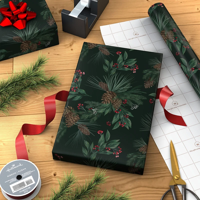 Pine-Scented Holiday Boughs on Black Christmas Wrapping Paper Roll, 20 sq. ft. for only USD 5.99 | Hallmark