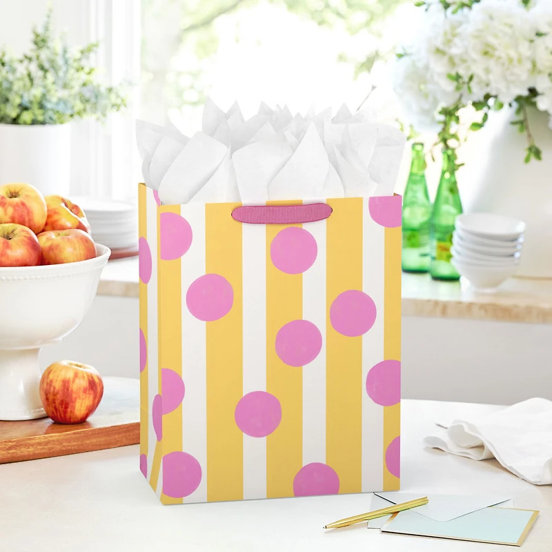 13" Pink Dots on Yellow Stripes Large Gift Bag for only USD 4.99 | Hallmark