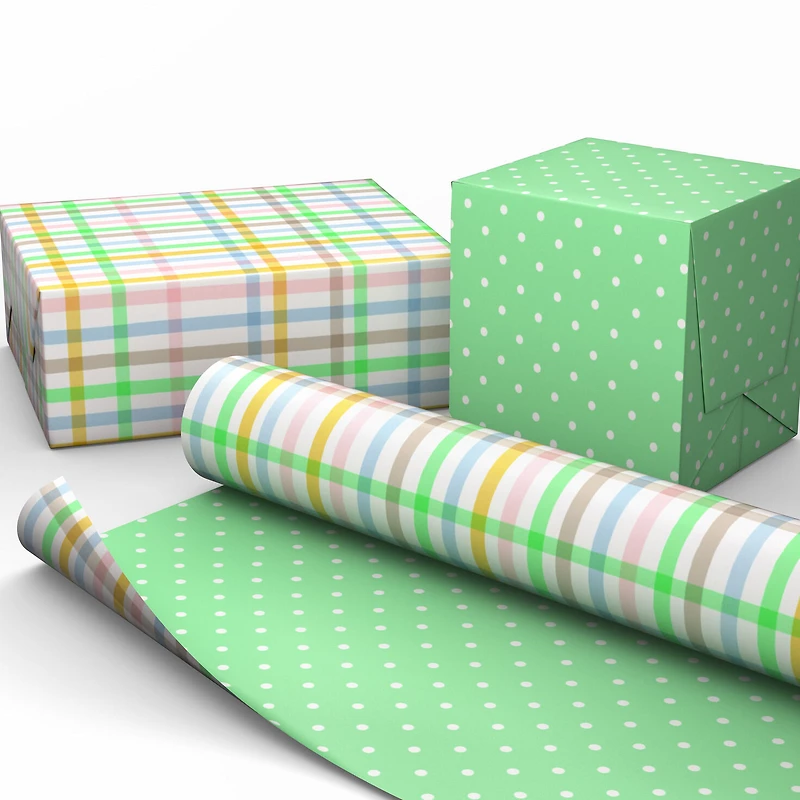 Pastel Plaid/Bright Mint Polka Dots Reversible Wrapping Paper Roll, 20 sq. ft. for only USD 4.99 | Hallmark