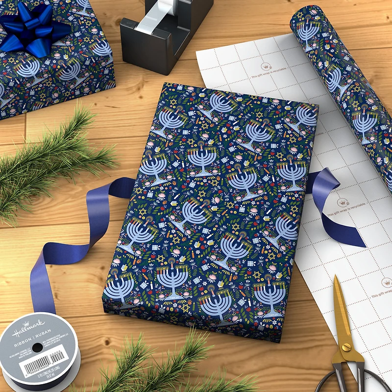 Festive Hanukkah Collage on Navy Wrapping Paper Roll, 35 sq. ft. for only USD 4.99 | Hallmark