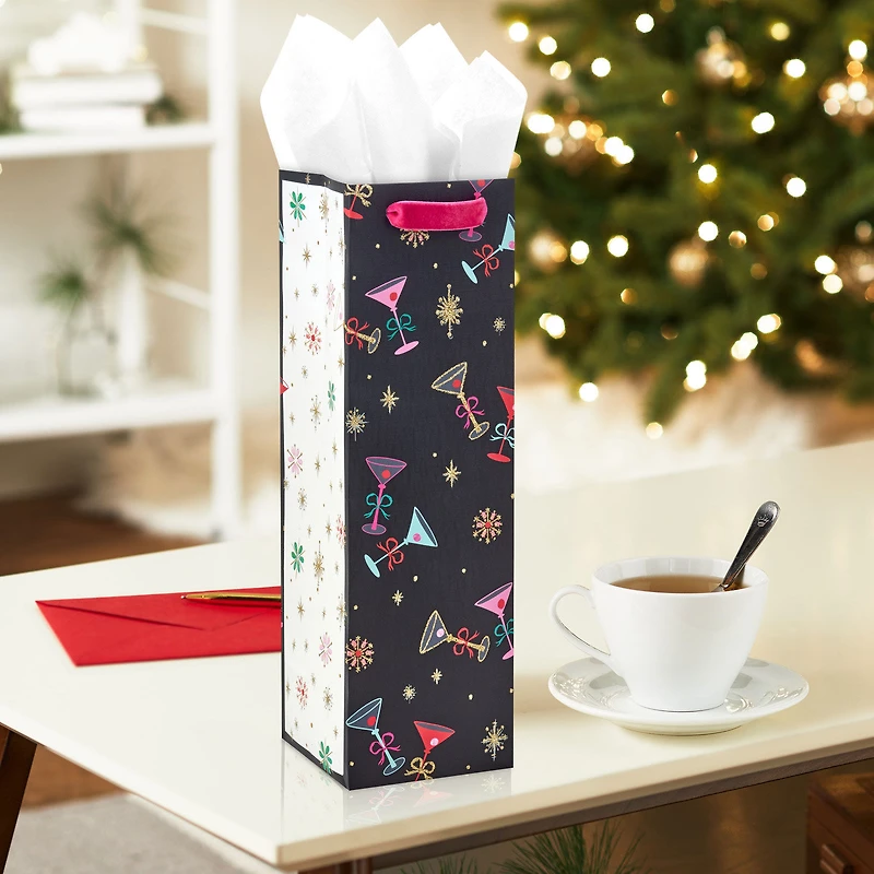 13" Lacey Chabert Collection Tiny Tini Glasses on Black Christmas Wine Gift Bag for only USD 4.99 | Hallmark