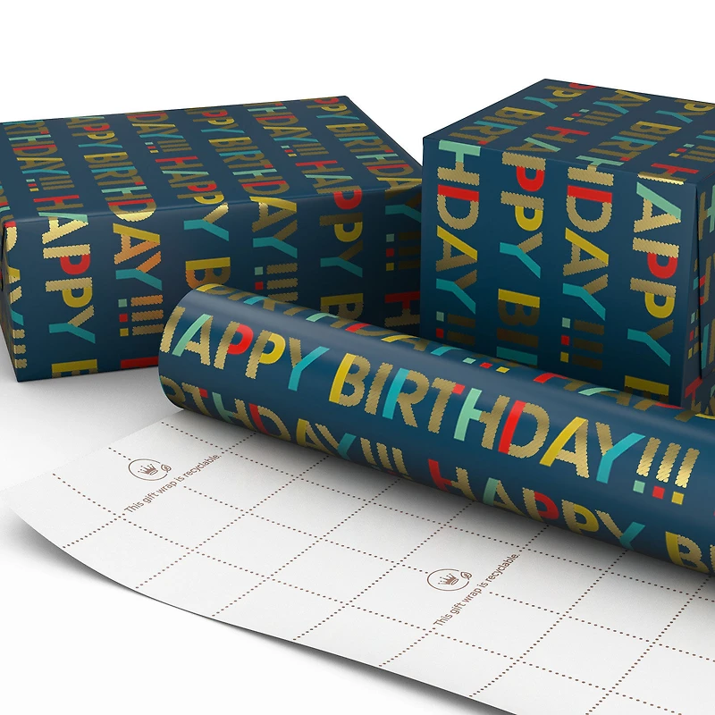 All-Caps Happy Birthday on Navy Wrapping Paper Roll, 20 sq. ft. for only USD 4.99 | Hallmark