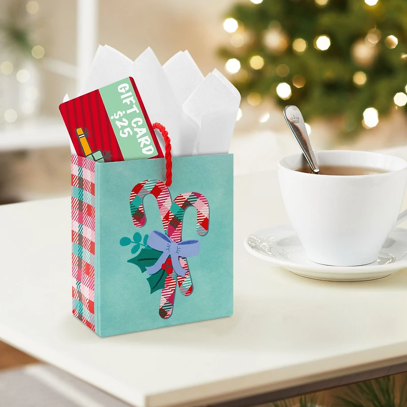 4.6" Plaid Candy Canes on Aqua Christmas Gift Card Holder Mini Bag for only USD 2.49 | Hallmark