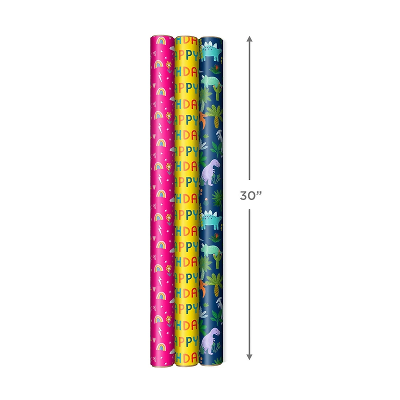 Rainbows, Dinos and Happy Wishes 3-Pack Wrapping Paper Roll Bundle, 75 sq. ft. total for only USD 16.99 | Hallmark