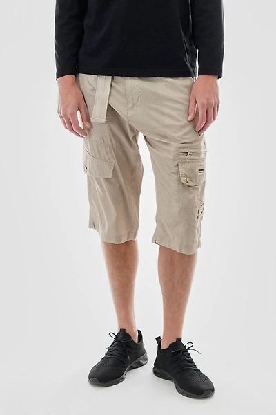 Grid Pattern Belted Cargo Shorts - Cream