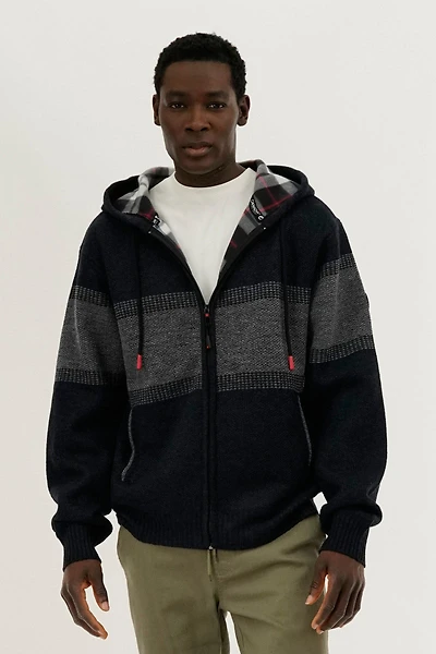 Plaid Lined Striped Zip Up Hoodie - Navy