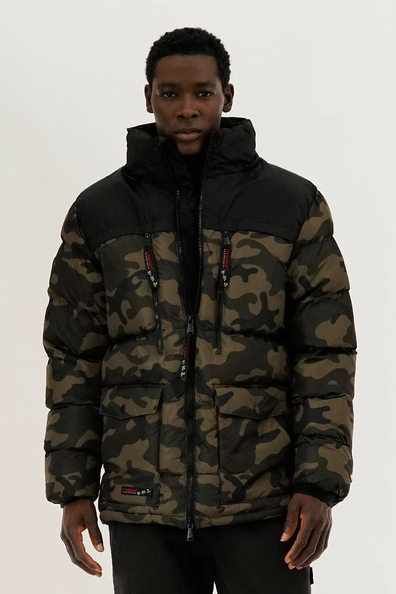 Canada Weather Gear Colour Block Camo Puffer Bomber Jacket - Olive