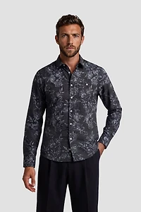 Flower Print Long Sleeve Button Up Shirt - Black