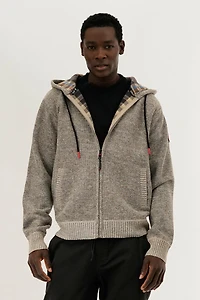 Plaid Lined Zip Up Knit Hoodie