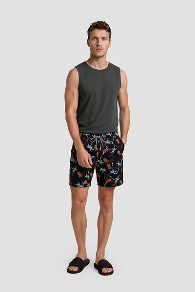 Pineapple & Palm Tree Print Swim Shorts With Drawstrings - Black