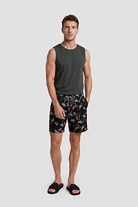 Pineapple & Palm Tree Print Swim Shorts With Drawstrings - Black