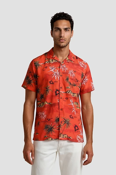 Short Sleeve Button Up Surf Shirt - Red