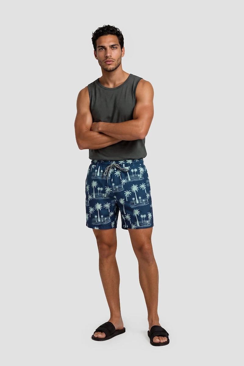 Palm Tree Print Swim Shorts With Drawstrings - Blue