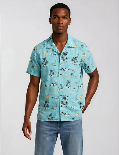 Printed Short Sleeve Shirt - Turquoise