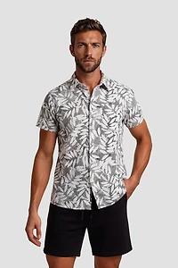 Plant Print Short Sleeve Button Up Shirt - Grey